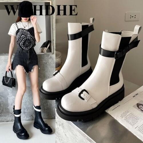 WOHDHE Women Mid-calf Boots Square Heel Women Solid Round Toe Concise Cool New Shoes Chelsea Boots Slip-on Buckle Mixed Colors