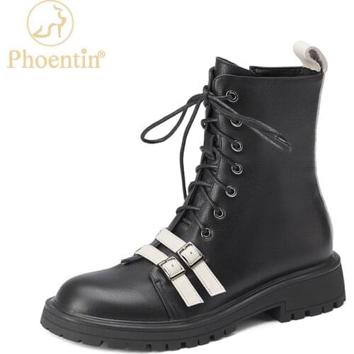 Phoentin womens short Martin boots 2021 Autumn Winter new Round toe mix color Ankle boots Genunine leather black shoes FT1636