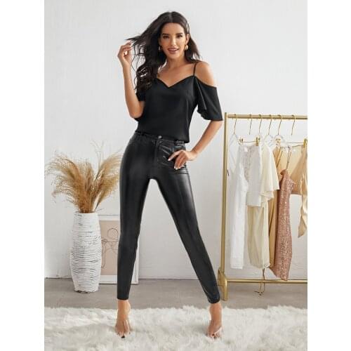 Womens Cold Shoulder Tops Sexy Casual Summer T Shirt Tee Short Ruffle Sleeve Spaghetti Strap Blouses