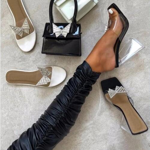 2021 Womens Shoes Summer Square Toe Crystal Butterfly-Knot Triangle High Heel Slippers NEW PVC Fashion Modern Sexy Solid