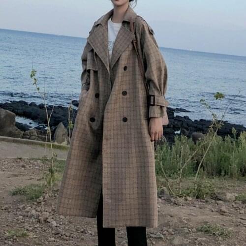 Oversize Loose Women Korean Style Trench Coat Ladies Plaid Long Double Breasted Belted Duster Coat Outerwear with Storm Flaps
