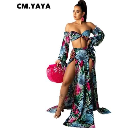 CM.YAYA Women Set Print Off Shoulder Full Sleeve Crop Tops Splited Long Skirts Two 2 Piece Sets Sexy Fashion Outfit Summer 2021
