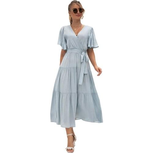 2021 Summer New Womens Sexy V-neck Splicing Long Dress Blue Black Green Short Sleeve Dresses for Party