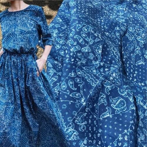 High quality ramie fabric Blue Star Month Digital Printing material High-end summer thin-style gown dress for women tissu