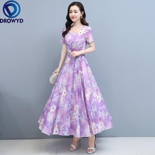 2021 Summer Purple Print Chiffon Maxi Dress Vintage 4XL Plus Size Runway Maxi Dress Elegant Women Bodycon Party Dresses Vestidos