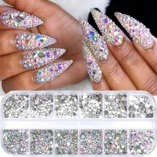 12 boxes/sets of crystal rhinestones 3D glitter jewelry glass diamond gems rectangular frame nail art decoration