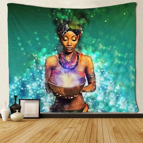 African Tribal Women Afro Green Hair Black Art Tapestries Unique Art