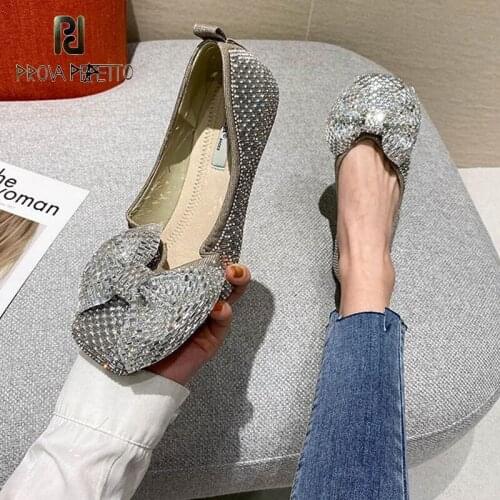 Blingbling Shiny Silver Bowknot Rhinestone Flat Shoes Spring and Summer Square Toe Shallow Mouth Sweet Wedding Pumps Shoes