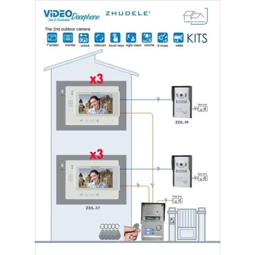 ZHUDELE Home Intercom Doorbell 7'' TFT LCD Wired Video Door Phone System Indoor Monitor CCD Outdoor IR Camera ID Card Unlocking
