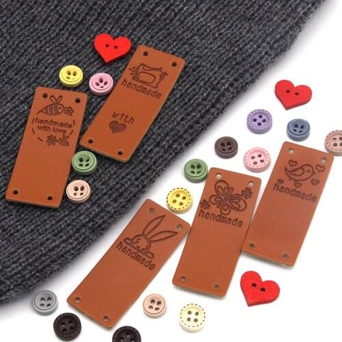 20Pcs Brown Handmade Label Animal Leather Tags For Clothes Hats Cartoon Handmade With Love Labels Hand Made Tag Sew Accessories