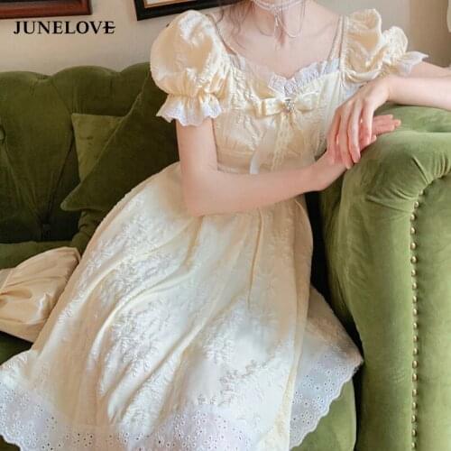 JuneLove Yellow Kawaii Elegant Dress Women Sweet Korean Princess Lolita Dress Casual Puff Sleeve Lace Up Party Dress Summer 2021