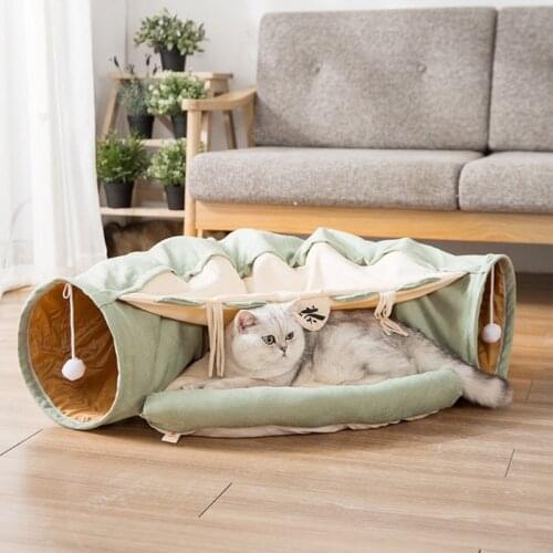 Cat Tunnel Bed with Mat Collapsible 2 Way Tube with Scratching Ball Interactive Play Toys Cat Hideout House for Cat Puppy Kitten
