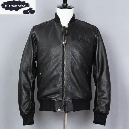 AVIREX FLY Fashion Genuine Leather Men Slim fit Stand Collar Cowskin Baseball Jacket Short Black Casual Coat