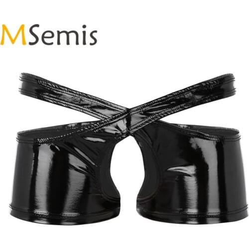 Mens Lingerie Latex Underwear with Open Hole Wetlook Leather Low Rise Open Crotch Boxer Briefs Crotchless Panties