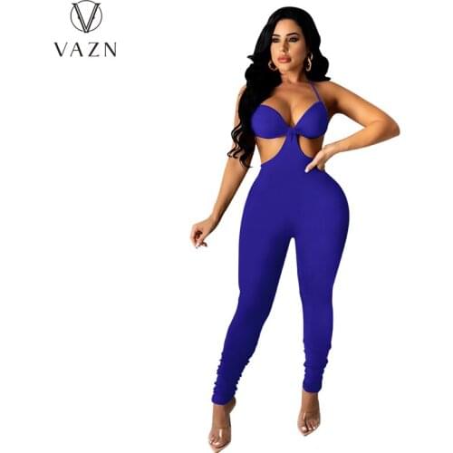 VAZN 2021 New Parity Hollow Out Sweet Halter Joker Sexy Club Soft Elastic Young Sexy High Waist Skinny Long Pencil Jumpsuits