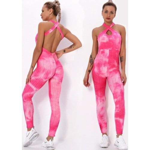 New Tie Dye Print Women Yoga Jumpsuit Sexy Backless Cross Sport Yoga Set Women Gym Running Training Athletic Suit No Chest Pad