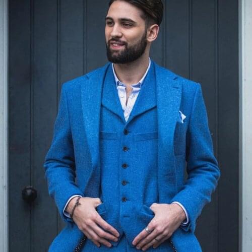 Jacket+Pants+Vest) Autumn Classic Tweed Blue 3 Piece Groomsman For Wedding Formal Prom Suit Party Evening Blazer Custom Made