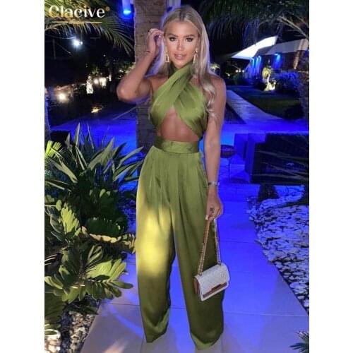 Clacive Sexy Chic Satin Women Two Piece Set Summer Halter Tank Top High Waist Palazzo Pants Set Fashion Party Club 2 Piece Set