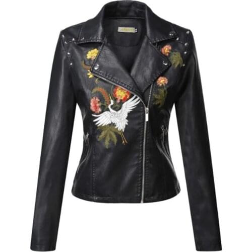 Spring Autumn Flowers Embroidery PU Leather Jacket Women Turn-down Collar Rivet Zipper Black Moto Biker Coats Top Casual Clothes