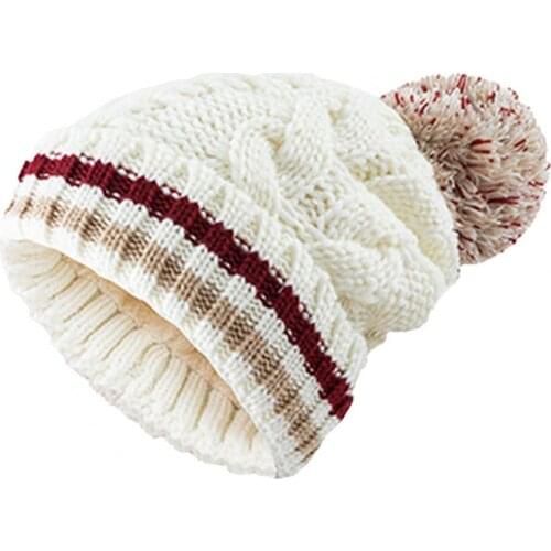 Hat Women Winter Pompom Striped Woolen Yarn Twist Knitted Plush Warm Beanie Hat Cap
