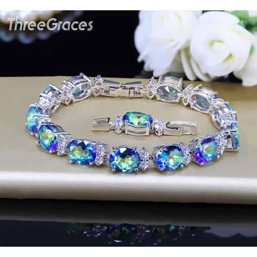 ThreeGraces Sparkling Rainbow Mystic Crystal Jewelry Connect Luxury Cubic Zirconia Crystal Fashion Women Party Bracelet BR087