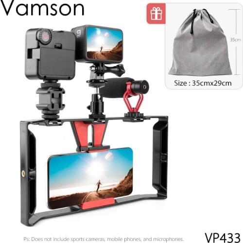 Vamson Double Handle Rabbit Cage Stabilizer Bracket Set with Fill Light Indoor Outdoor Mobile Shooting Video for iphone VP433