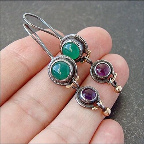 Vintage Small Cute Green Purple Stone Beads Earrings Ethnic Drop Dangle Lovely Ear Pendant Earrings Jewelry Christmas Jewelry