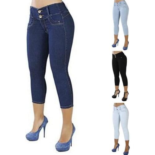 Women Trendy Slim High Waist Skinny Denim Cropped Capri Pants Trousers Jeans New