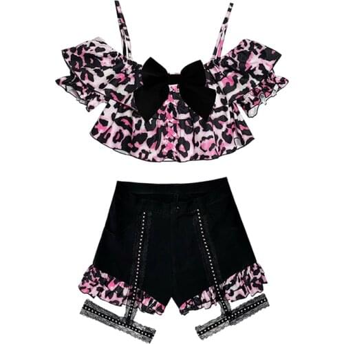 New Hot Girl Gothic Harajuku Rock Black Pink Leopard Print Splicing Fashion Punk Navel Revealing Kawaii Off Shoulder Suit Summer
