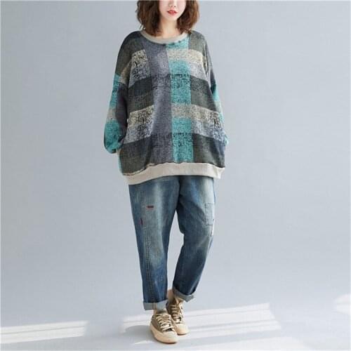 Womens Sweater Autumn Winter Thickening And Velvet New Hedging Round Neck Long-sleeved Plaid Commuter Fashion Simple Tops ZM351
