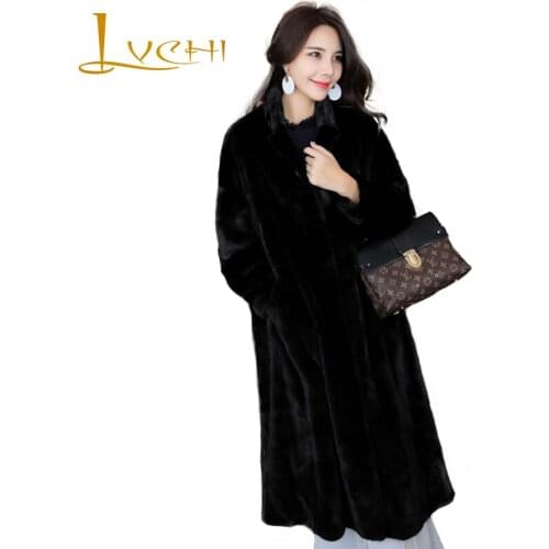 LVCHI Winter 2019 Turn-Down Collar Long Real Mink Fur Coats Solid Womens Fashion Long Sleeve Loss Long Office Causal Mink Coats