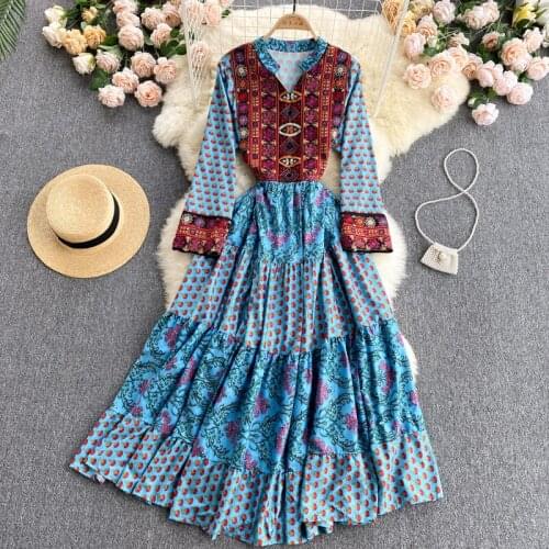 Bohemian Retro Ethnic Embroidery Color Matching Long Maxi Dresses Women O-neck Long Sleeve Printed Holiday Beach Dress