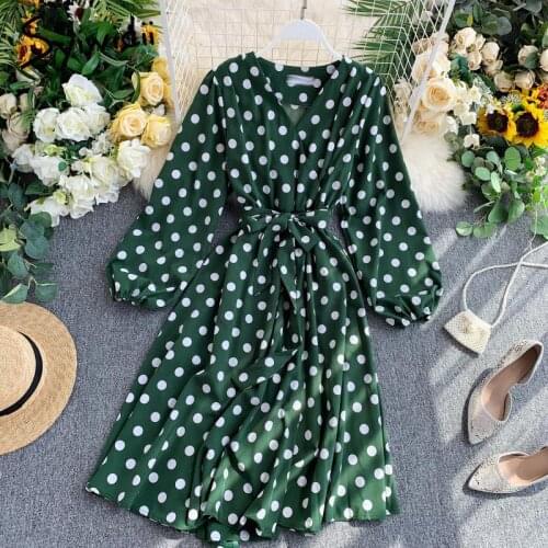 Syiwidii Vintage Polka Dot Midi Dress for Women 2021 Fashion Puff Sleeve V Neck A-line Summer Dresses with Belt Green Pink Black