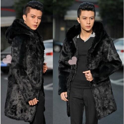 Winter autumn thicken thermal mink hair fur leather jackets men casual mens medium-long coats outerwear fashion hooded black