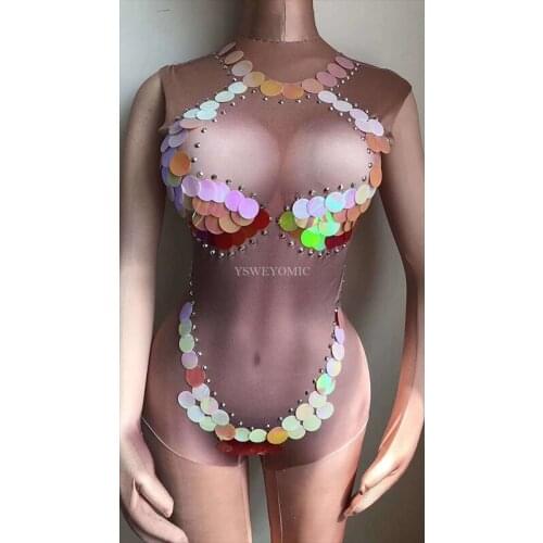 2 color big Stretch Sequin Leotard Female Singer Dancer Sexy Fringes Bodysuit Costume Womens Nude Nightclub Outfit Party Wear