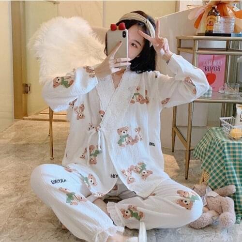 2 PCs/Set Cartoon Maternity Cotton Sleepwear Breastfeeding Nightwear Pregnant Women autumn Pregnancy Breast Feeding Pajamas Suit