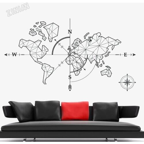 Large World Map Compass Wall Sticker For Living Room Home Decoration Vinyl Classroom Wall Decals Self-adhesive Wall Mural Y298