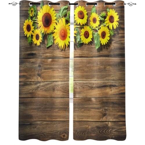 Sunflower Leaves Retro Wood Board Curtains for Kids Children Boys Girls Room Living Room Window Drapes Curtain Window Treatments