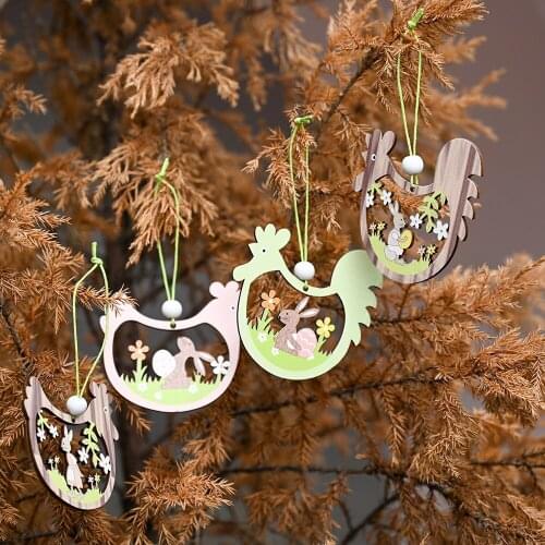 2pc Sckday Wooden Easter Pendant Ornament Color Printing DIY Craft Bunny bird eggshell For Home Pasch Ornament Party Decorations