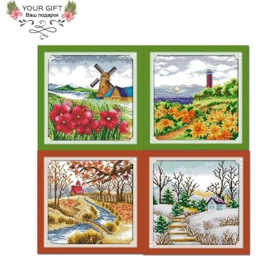 Joy Sunday Four Seasons Home Decor F152(1)(2)(3)(4) Counted Stamped Korean View Spring Summer Autumn Winter Cross Stitch Kit