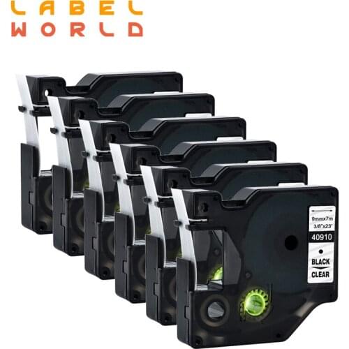 Label World 6pcs Compatible for Dymo D1 9mm Label Tape 40910 Black on Clear Label Ribbons for Dymo Label Printers
