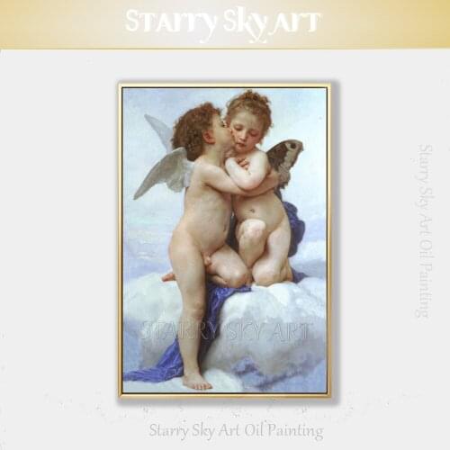 Top Artist Pure Hand-painted High Quality Angel Boy and Girl Oil Painting on Canvas Angel Kids Oil Painting for Wall Decoration