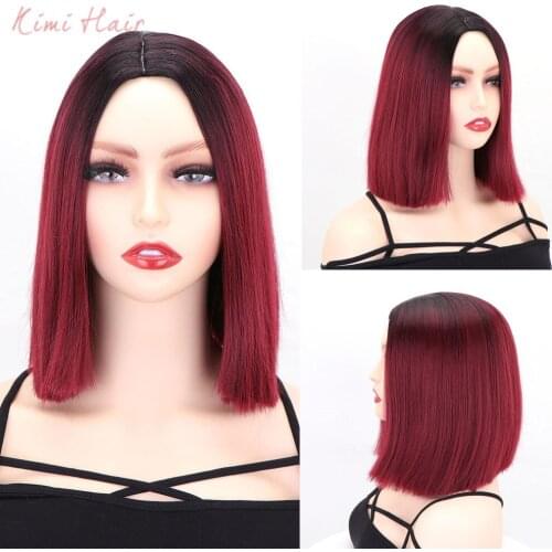 Kimi Hair Ombre Red Short Straight Synthetic Wigs for Middle Part Bob Wigs Heat Resistant Fiber