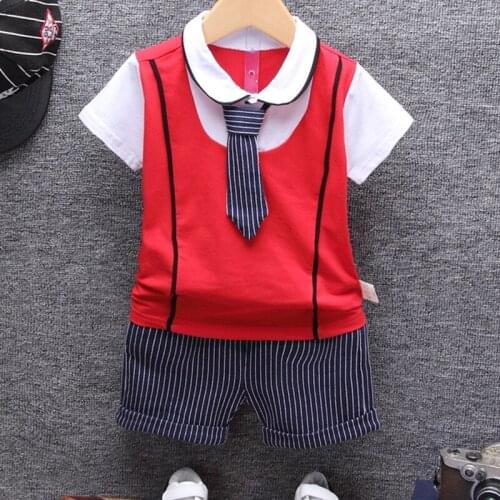 Baby Boy Fake Vest T shirt + Striped Shorts 2 pcs Clothing Sets Kids Fashion Tie Gentleman Clothes Cotton Suit for Children