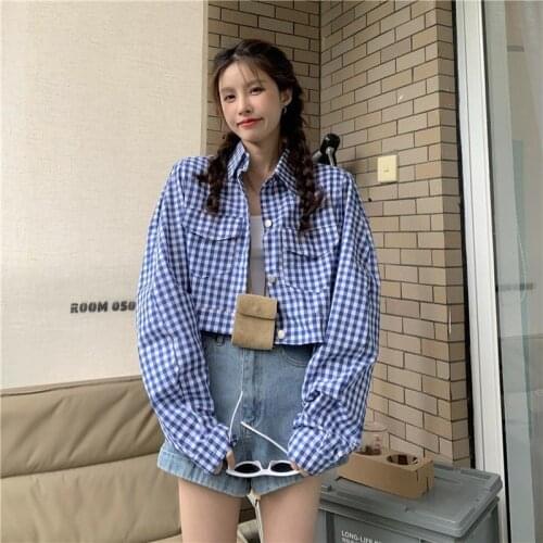 Korean Fashion Shirts For Women Plaid Baggy Tops Button Up Shirt Short Coat Sunscreen Blouses Female Casual Long Sleeve Top