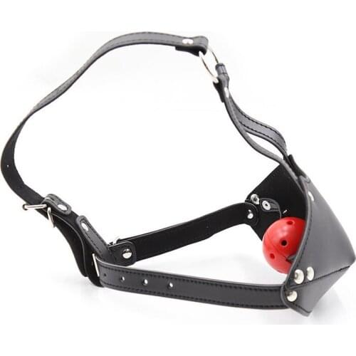 PU Leather Hollow Sex Hood Mask Collar with Ball Mouth Gag Head Bondage Harness Cosplay Halloween Sex Mask Toy for Couple BDSM