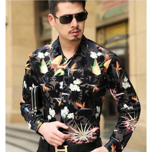 Mens Frolal Velvet Thin Lace Silk Shirt Club Party Prom Sexy See Through Shirts Luxury Casual Men Transparent Shirt