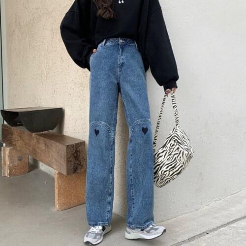 2021 New Baggy High Waist Womens Jeans Streetwear Embroidery Pattern Straight Pants Y2K Harajuku Fashion Wide Leg Denim Trouser