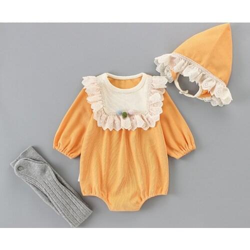 Baby Girls Clothes Autumn Baby Bodysuits Long Sleeve Lace Baby Bodysuits+Hat+Leggings 3pcs/set Cute Baby Clothes yellow 0-2Y