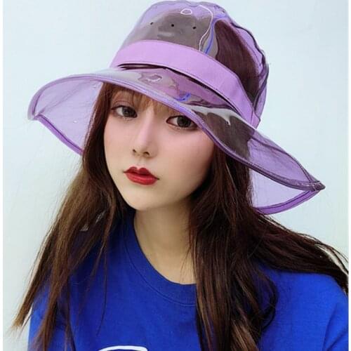 2020 Unisex PVC Transparent Bucket Hat Bright Jelly Wide Brim Waterproof Fisherman Rain Hat for Women Men Summer